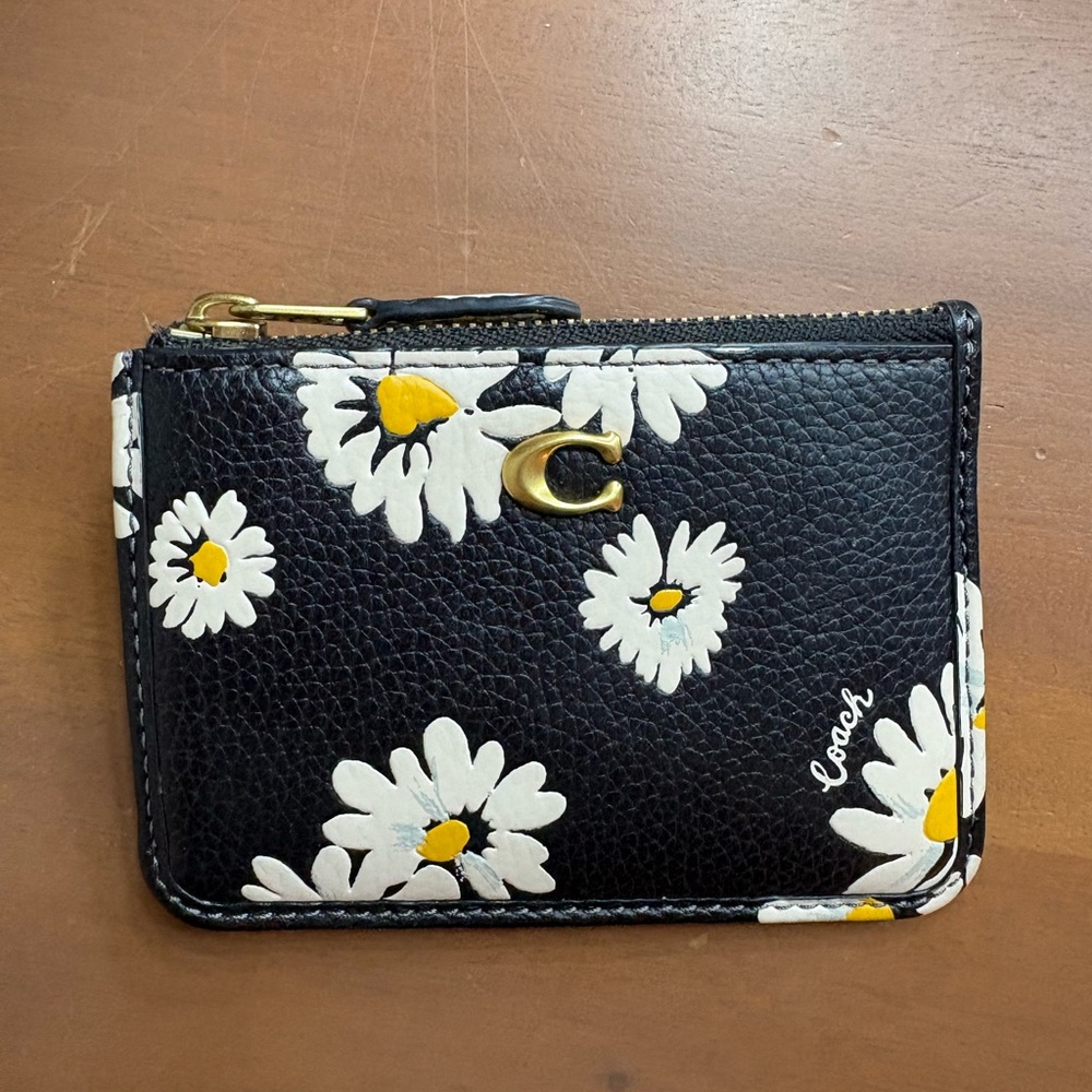 Coach Mini Skinny ID Case With Daisy Floral Print Brass/ Black Multi CS040